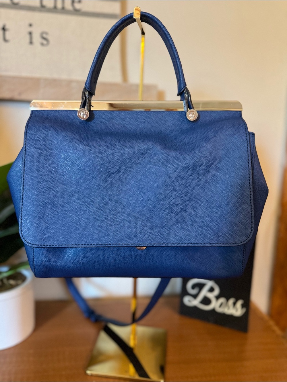 Brooks Brothers Navy Top-Handle Satchel with Gold Trim